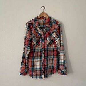 BKE Button Up Shirt Long Sleeve Classic Plaid Cotton Western
